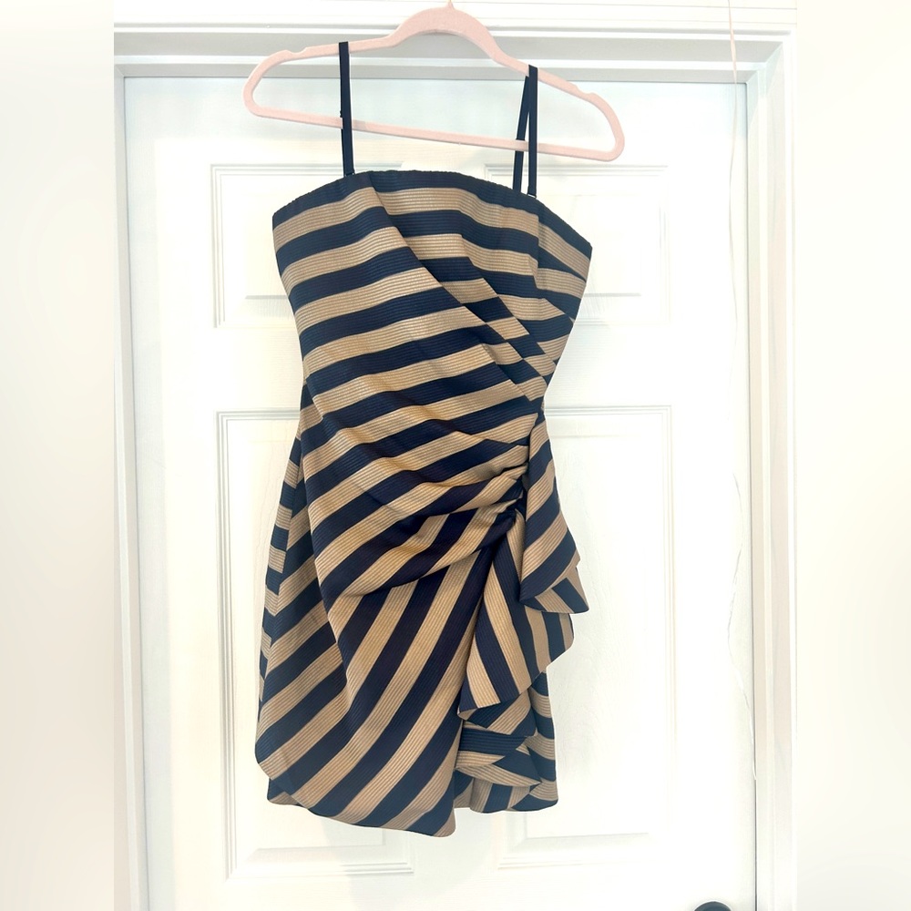 BCBG navy and gold stripe mini dress